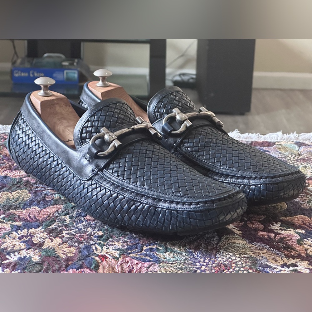 Salvatore Ferragamo Horse Bit Parigi Men’s Blue Woven Leather Loafer Size 13 D - Picture 2 of 15